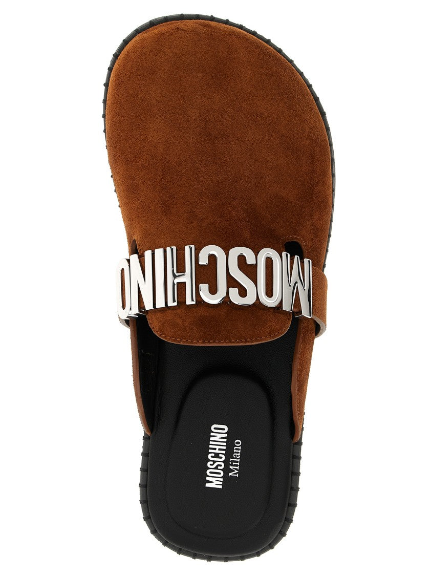 Moschino Polka Dot-Effect Suede Sabots With Metal Logo Strap