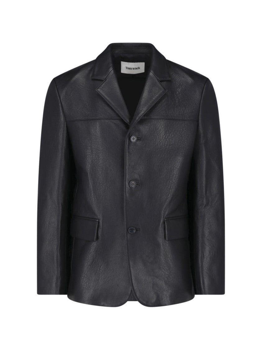 Tonywack Black Lapel Flap Pockets Structured Leather Jacket
