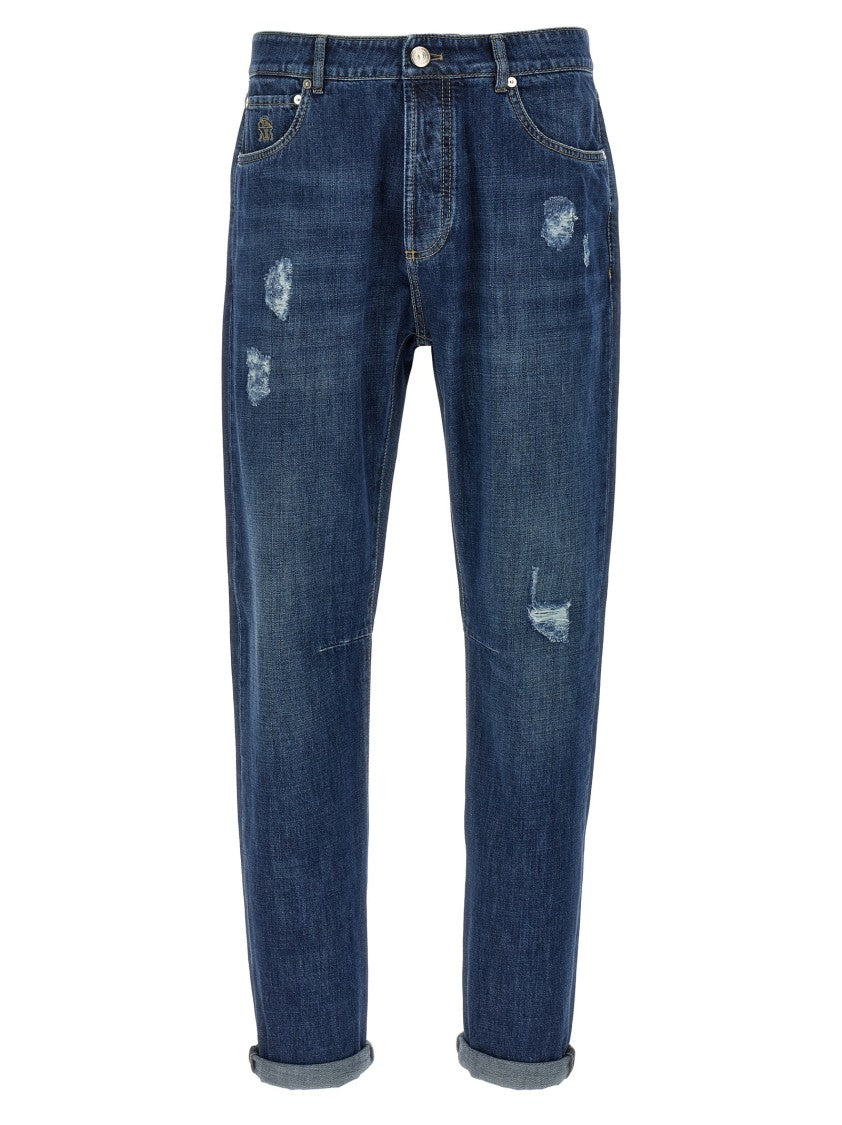 Brunello Cucinelli Used-Effect Denim Jeans With Turned-Up Cuffs
