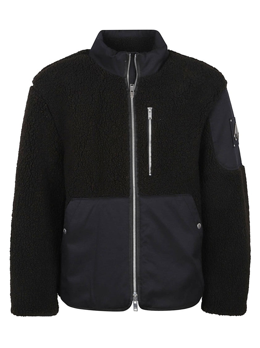 Moose Knuckles Textured Black Jacket With High Collar And Emblem Detail