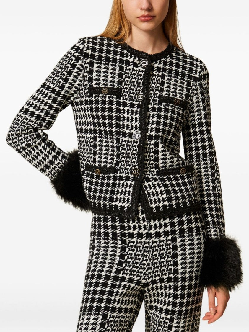 Twin-Set Houndstooth Pattern Jacket With Faux Fur Accents