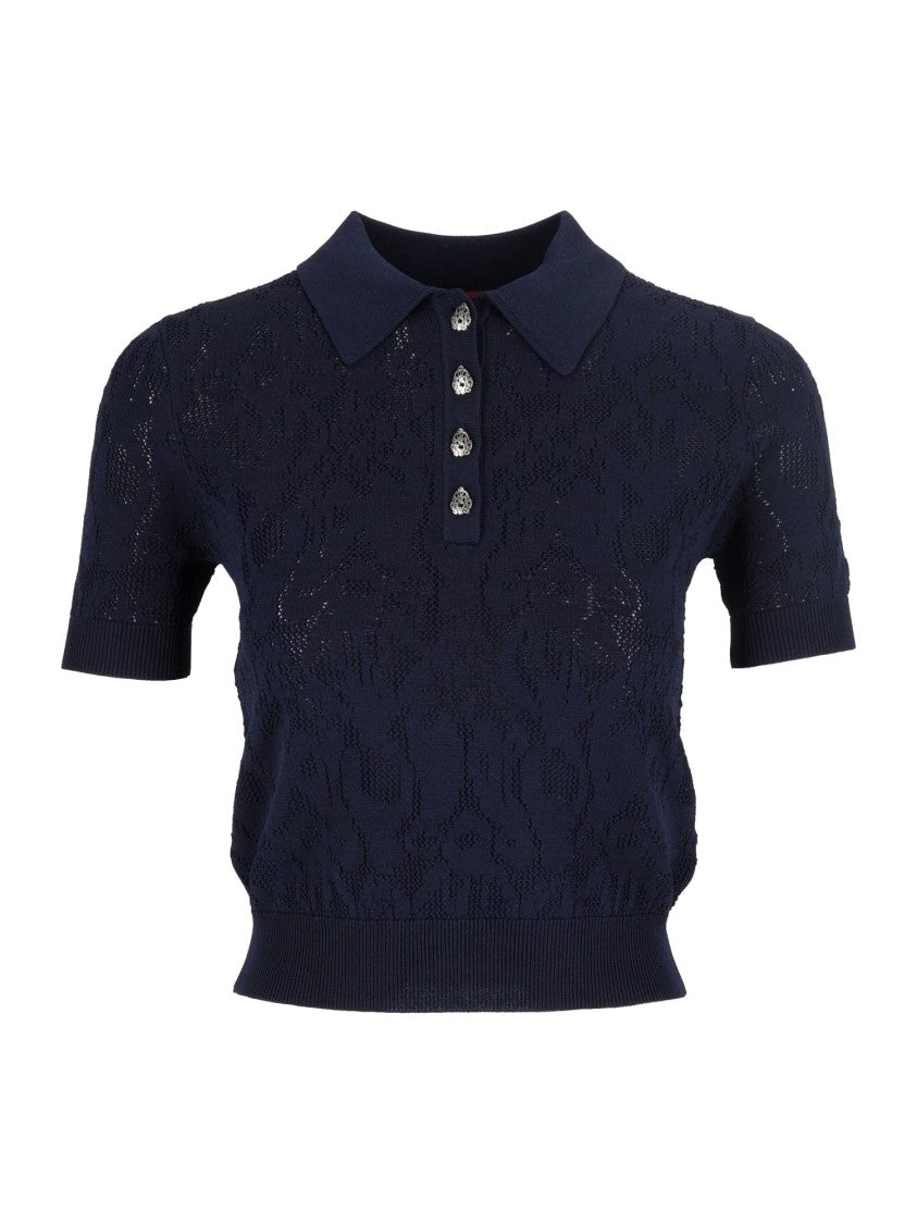 Dondup Blue Cropped Lace-Knit Polo Shirt
