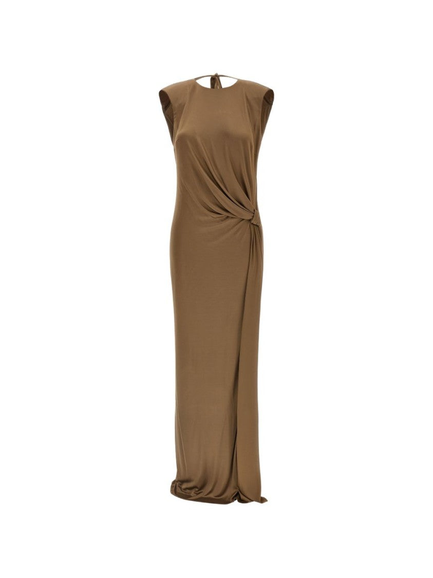 Elisabetta Franchi Draped Midi Dress With Padded Shoulders And Crescent Detail