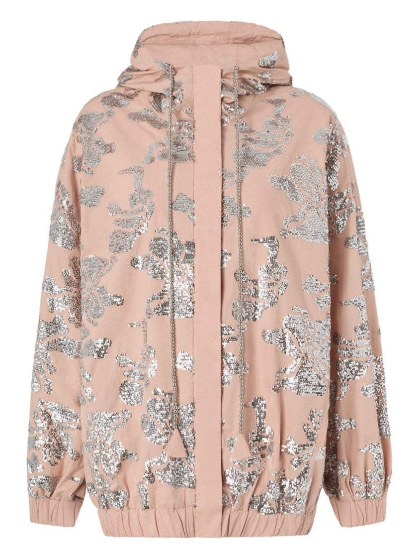 Pinko Hooded Coat With Sequin Floral Embellishments