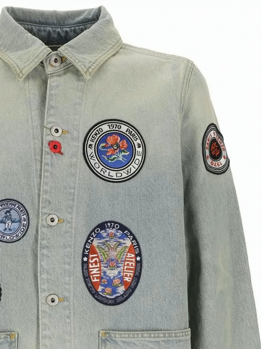 Kenzo Faded Light Blue Denim Jacket With Embroidered Patches