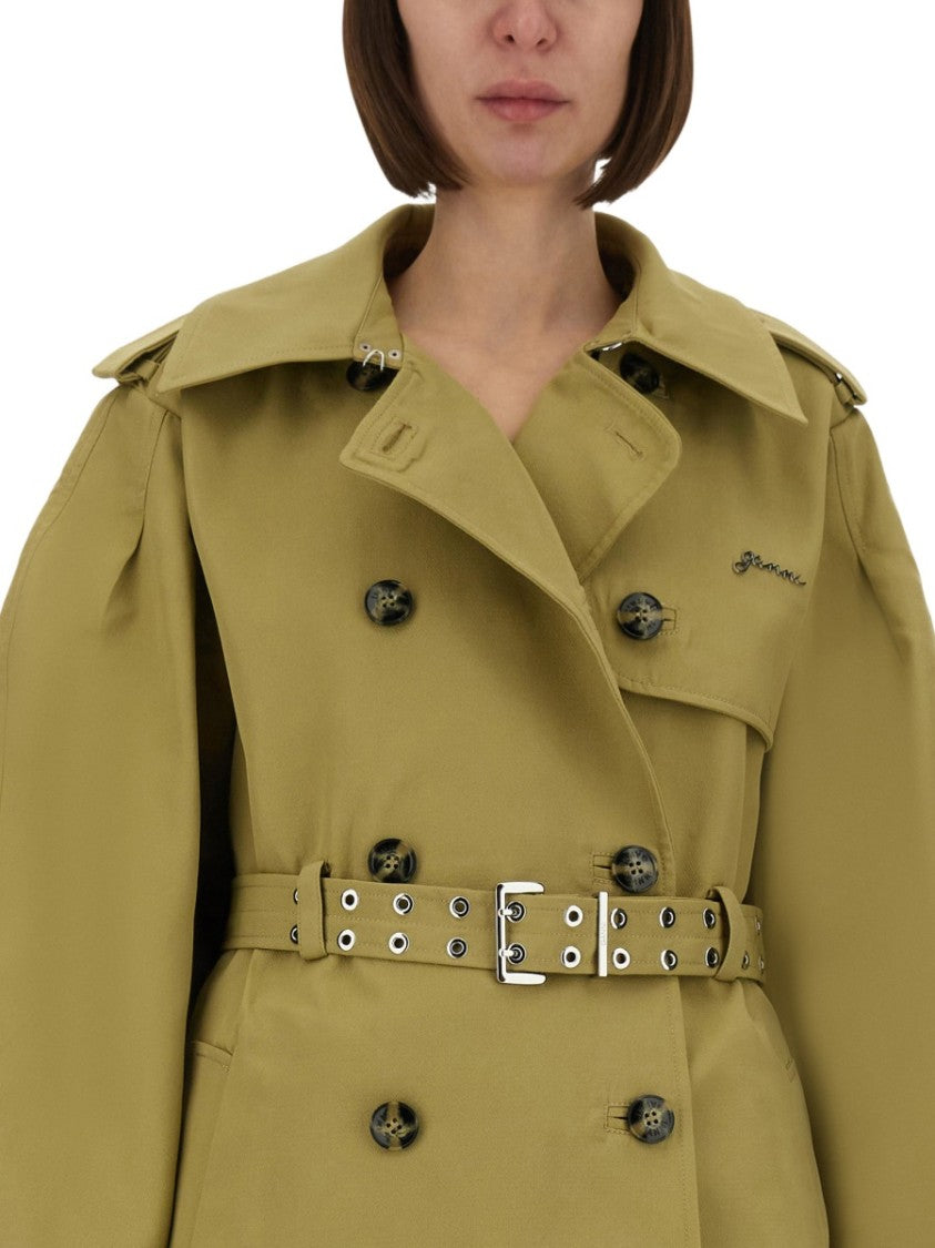 Ganni Double-Breasted Midi Trench Coat With Oversized Sleeves