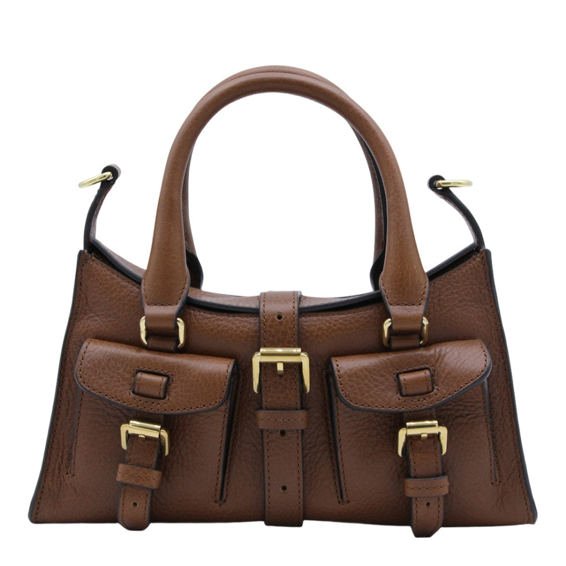 Mulberry Structured Brown Textured Leather Handbag With Gold-Tone Accents