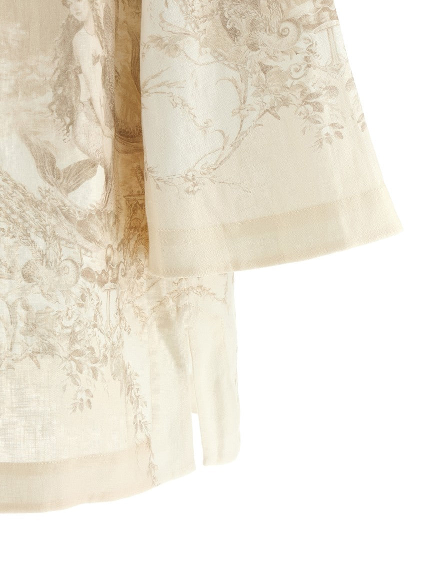 Zimmermann Mermaid Toile Patterned Linen Mini Tunic Dress With Flared Sleeves
