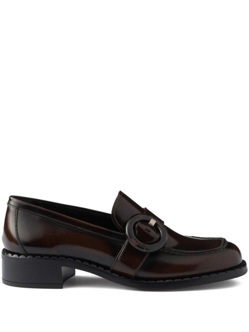 Prada Polished Brown Flat Shoes With Decorative Buckle