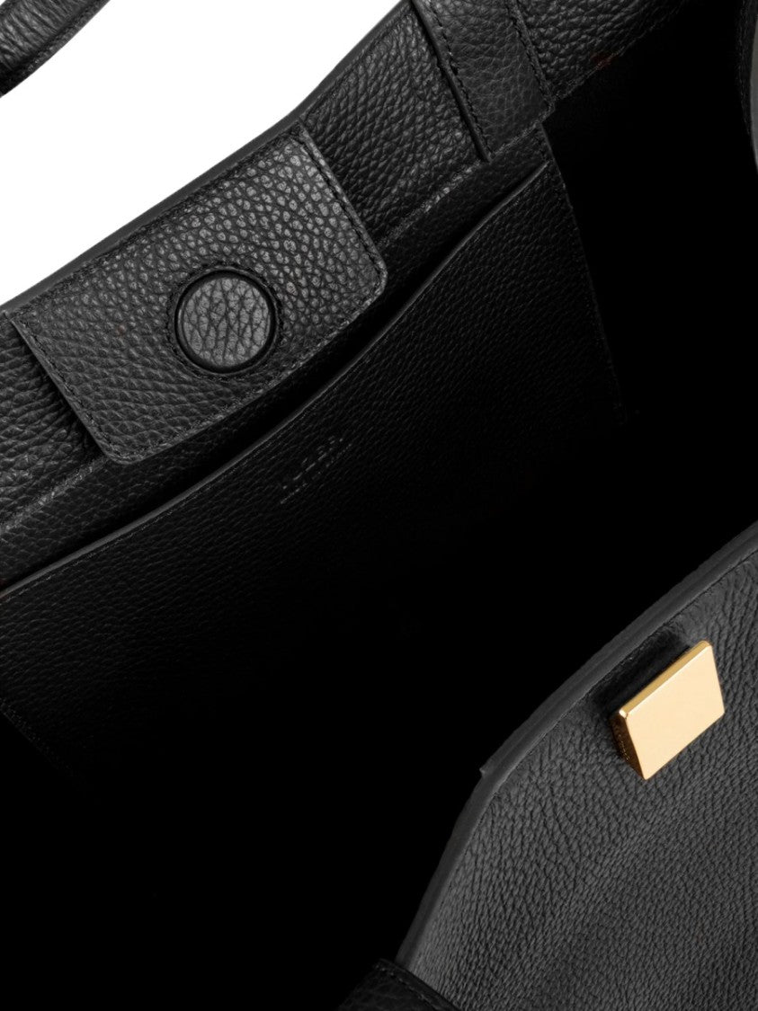 Yuzefi Sculpted Black Leather Tote Bag With Gold-Tone Clasp Detail