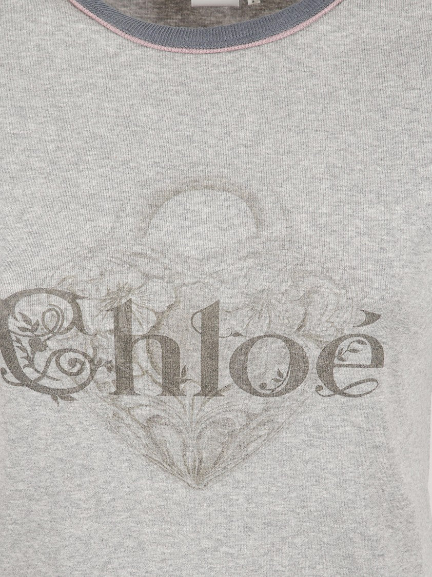 Chloé Floral-Print Melange Chiné Jersey T-Shirt