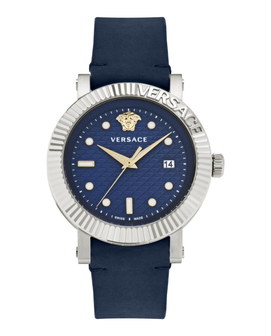 Versace Versace V-Classic Leather Watch With Blue Guilloche Dial