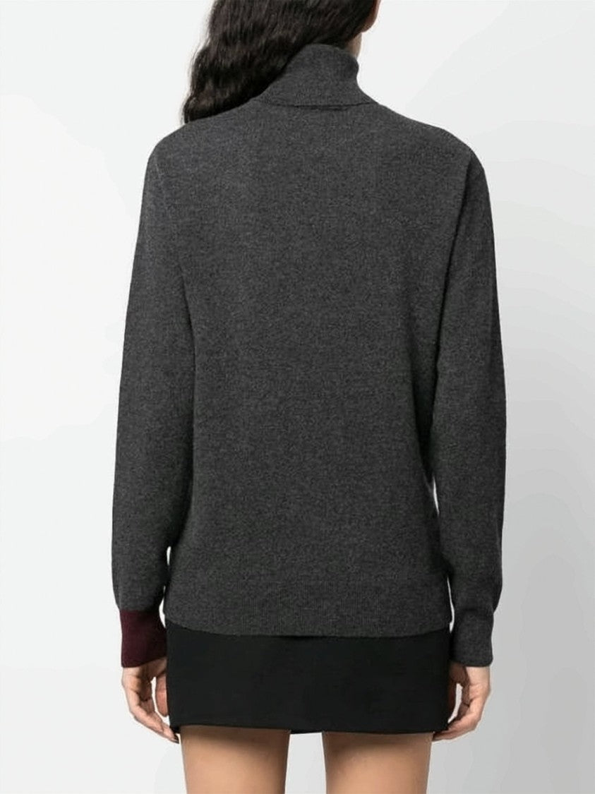Patou Charcoal Grey Cashmere-Wool Blend Turtleneck Sweater With Burgundy Accents