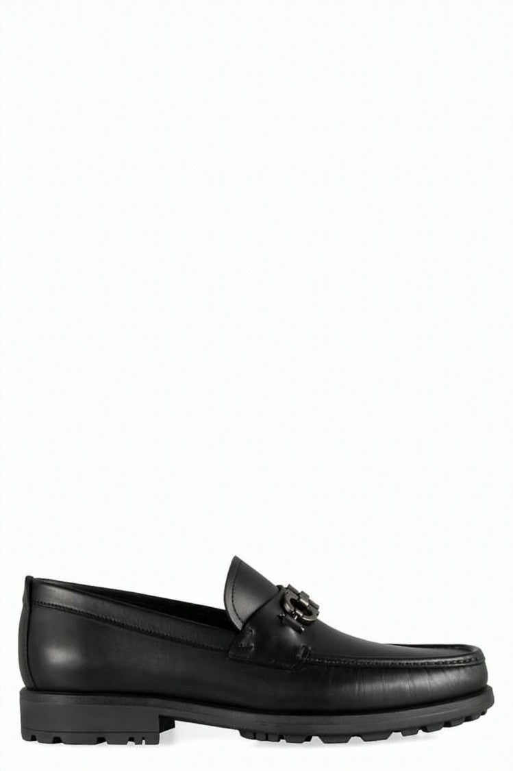 Salvatore Ferragamo Black Leather Loafers With Metallic Buckle
