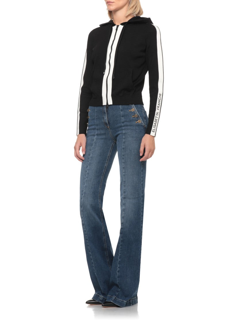 Elisabetta Franchi Black Hooded Embossed Logo Cotton-Blend Sweatshirt