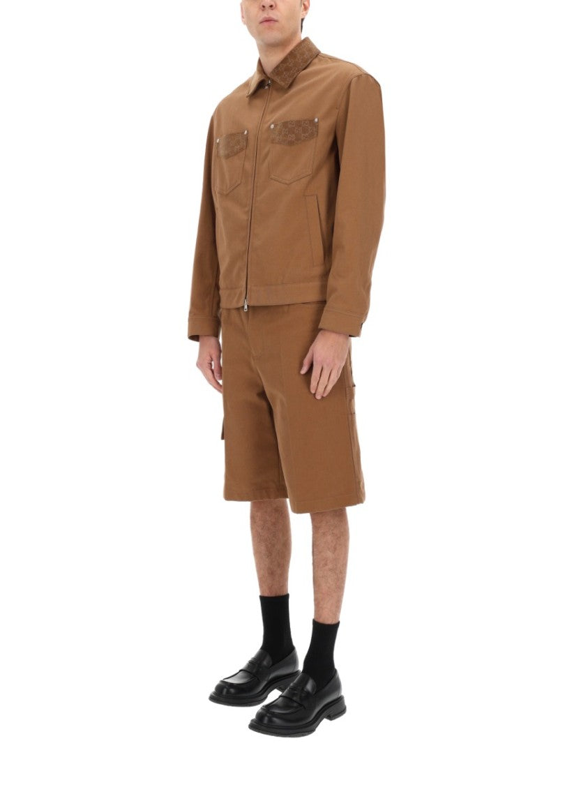 Gucci Brown Cotton Jacket With Zipper And Structured Collar