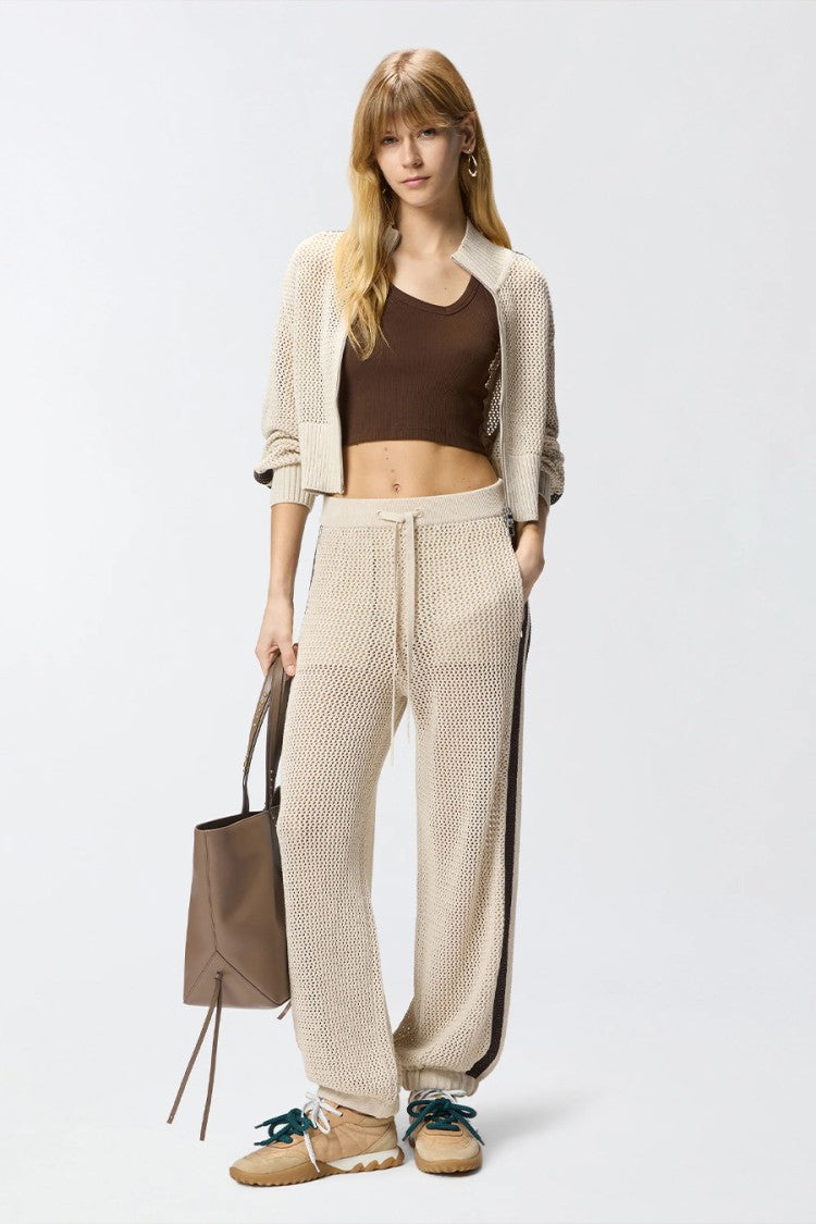 Pinko Beige Nebulosa Pointelle-Open Contrast Stripe Cotton-Blend Sweatpants