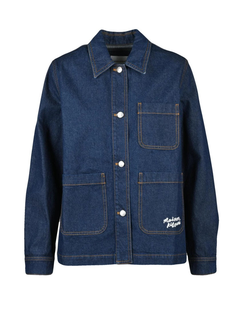 Maison Kitsuné Blue Denim Coat With Structured Design And Embroidered Logo