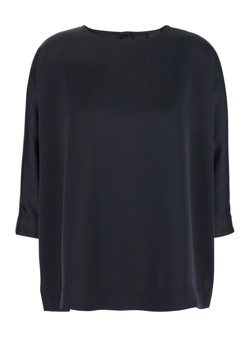 Plain Blue Blouse With Three-Quarter Sleeves