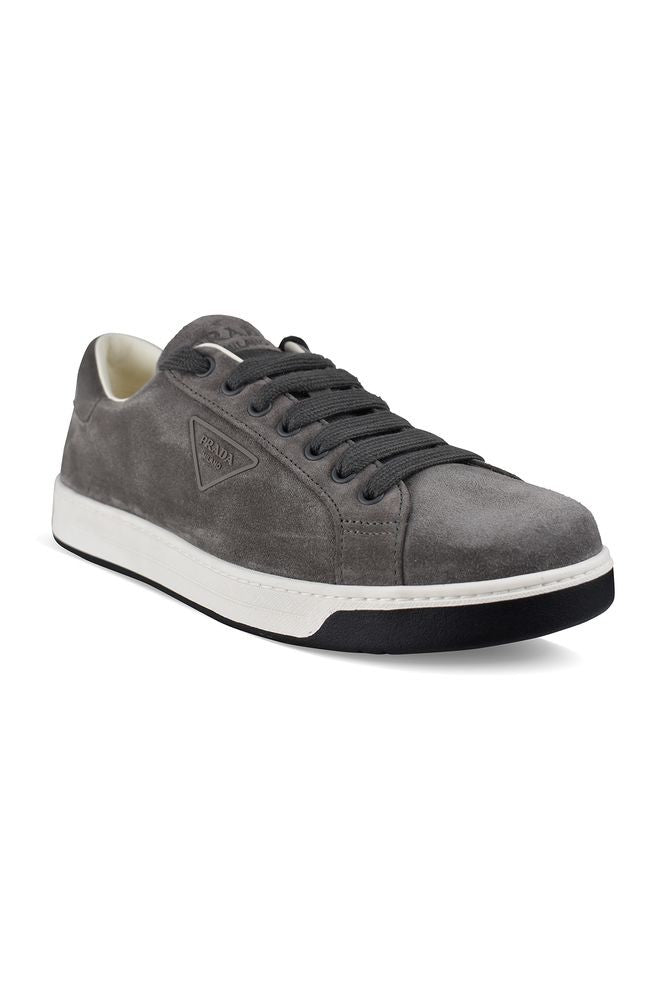 Prada Low-Top Grey Suede Sneakers With Tone-On-Tone Logo