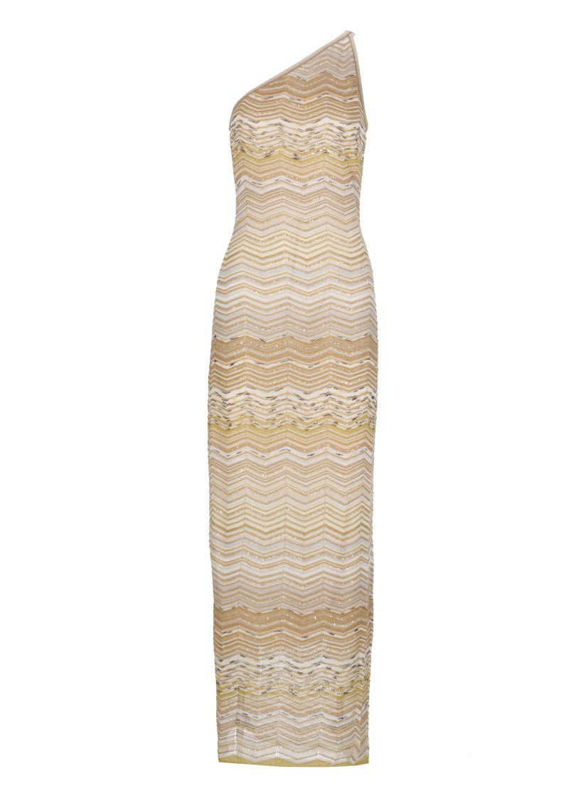 Missoni One-Shoulder Gold Viscose Dress With All-Over Sequins