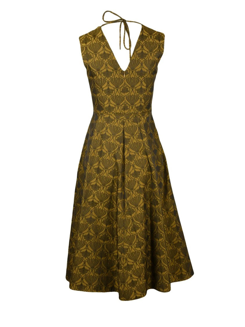 Max Mara A-Line Floral Print Dress With Deep V-Neckline And Functional Pockets