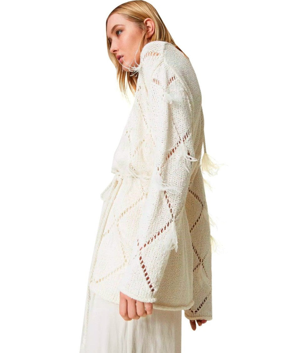 Twin-Set Off-White Cardigan With Feathers