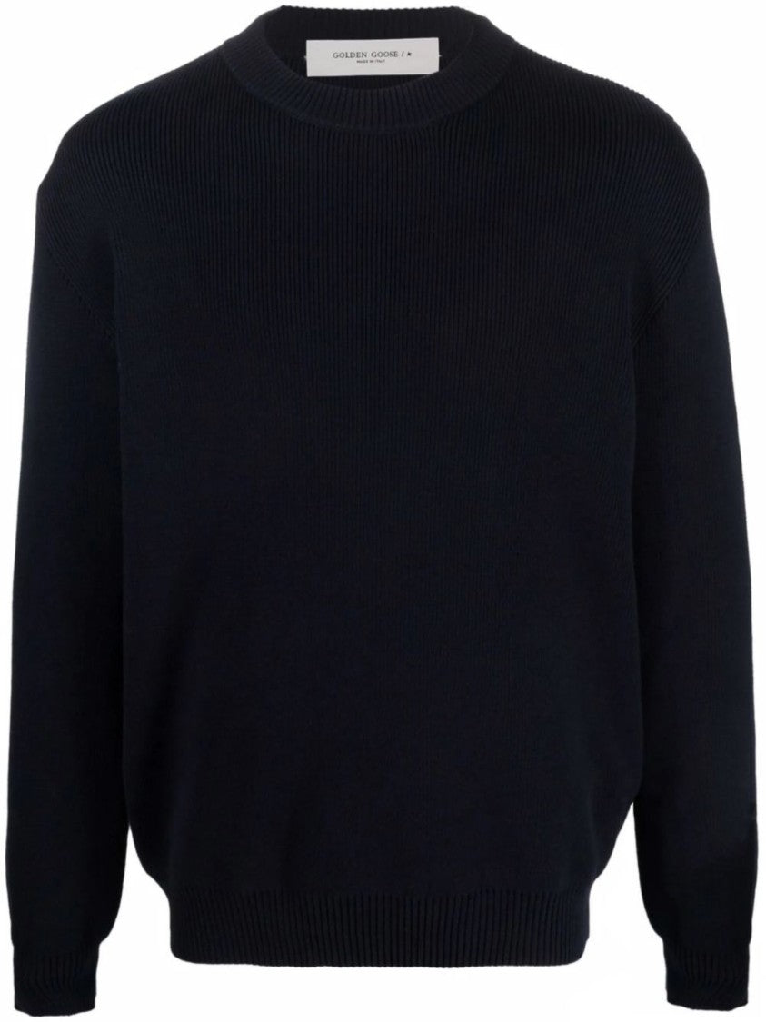 Golden Goose Dark Blue Ribbed Knit Sweater With Logo Patch