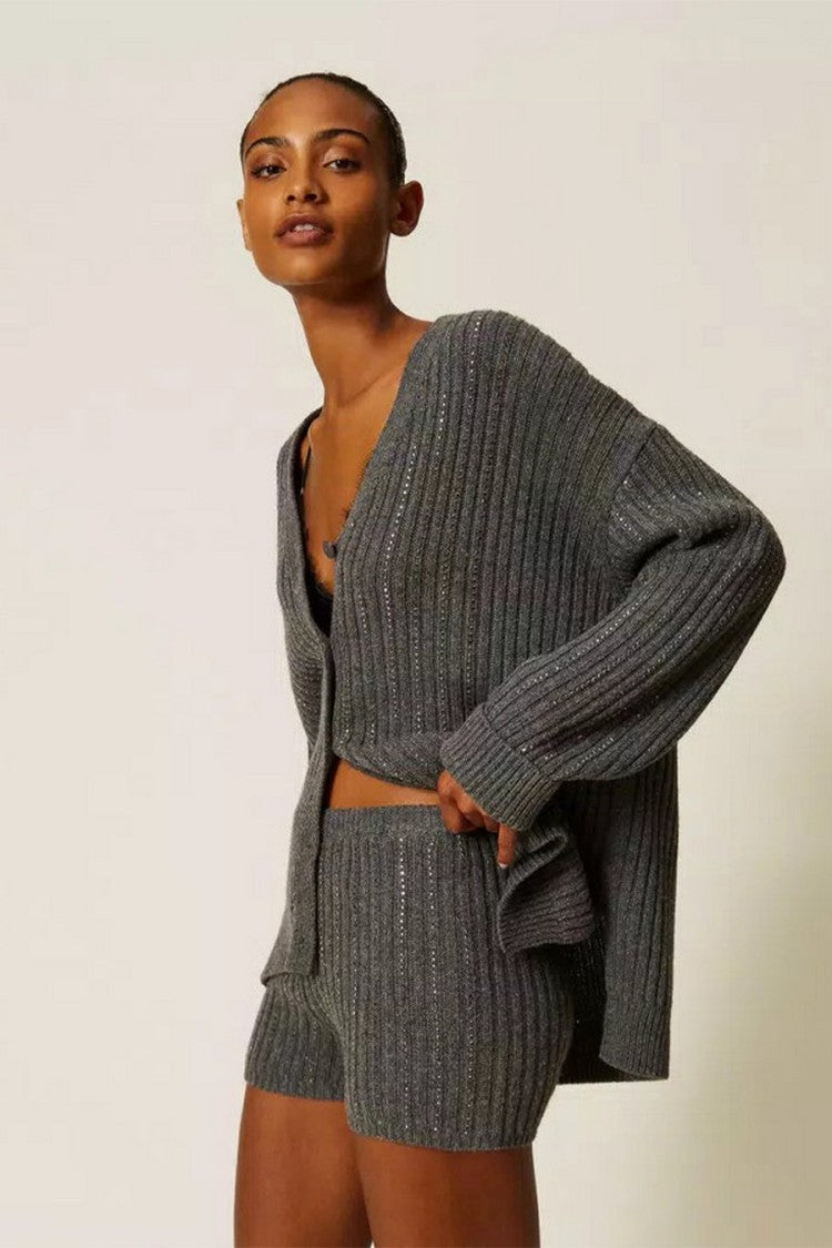 Twin-Set Grey Ribbed Viscose-Blend Shorts