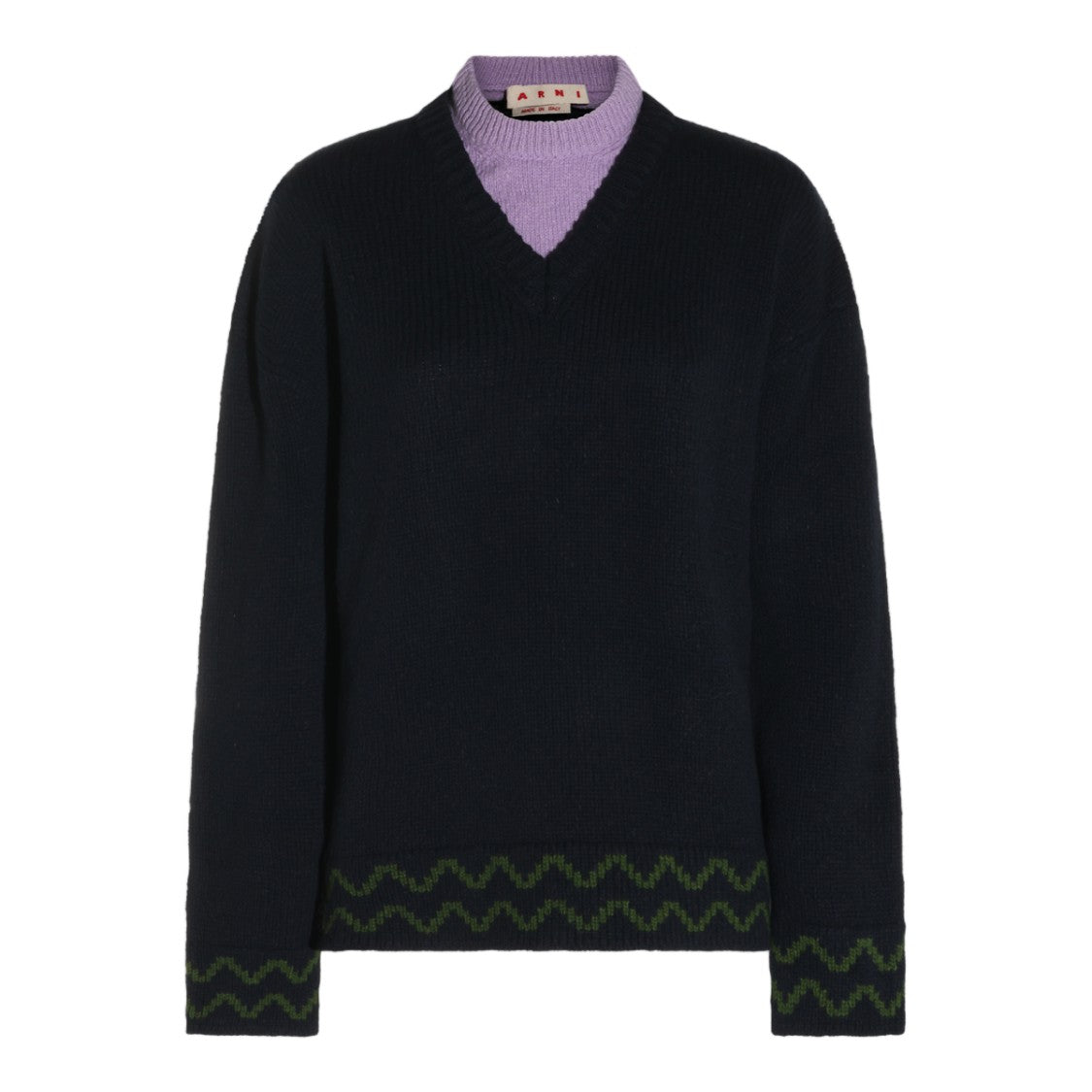 Marni Deep V-Neck Sweater With Ribbed Collar And Zigzag Detailing