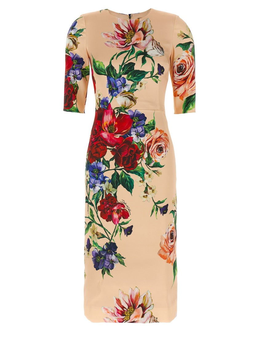 Dolce & Gabbana Floral Print Stretch Viscose Charmeuse Midi Dress