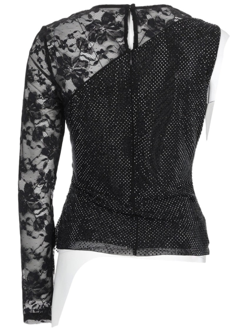 Self-Portrait Asymmetrical Black Top With Sheer Floral Lace Detail