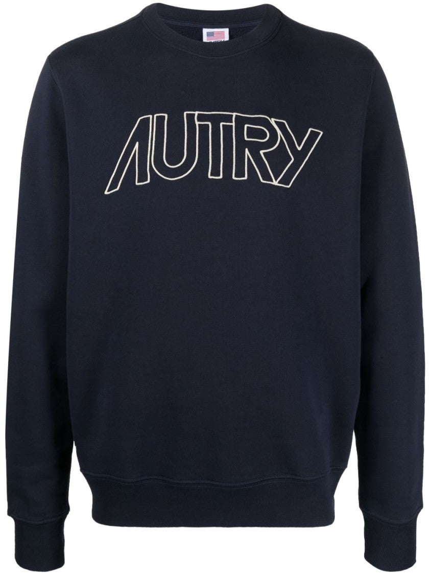 Autry Navy Blue Logo-Print Sweatshirt With Ribbed Detailing