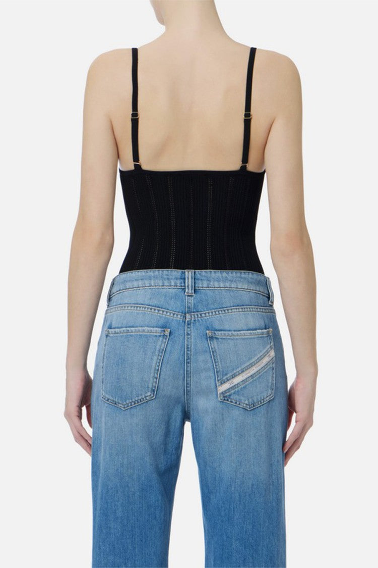 Elisabetta Franchi Black Ribbed Seam Detail Viscose-Blend Bodysuit
