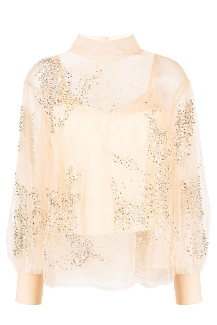 Des Phemmes Puff Sleeve Beige Sheer Blouse Embellishments
