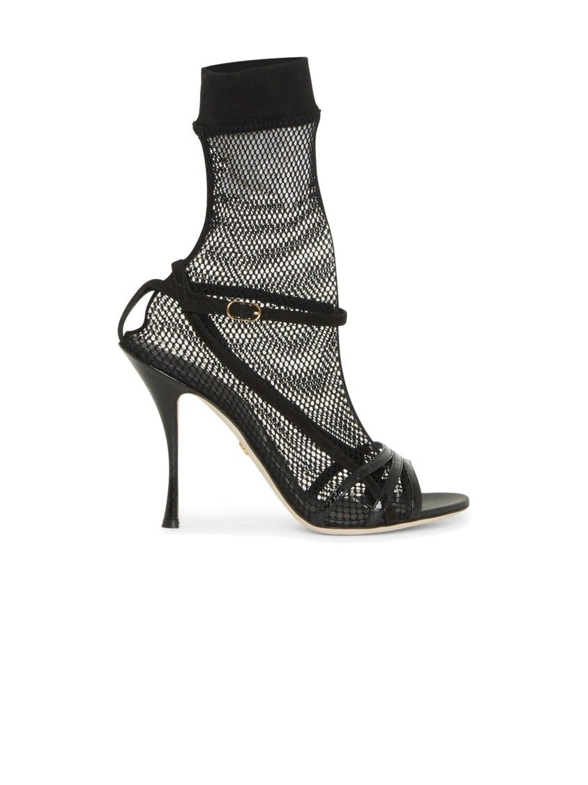 Dolce & Gabbana Fishnet Mesh Sandals With Croc-Effect Texture