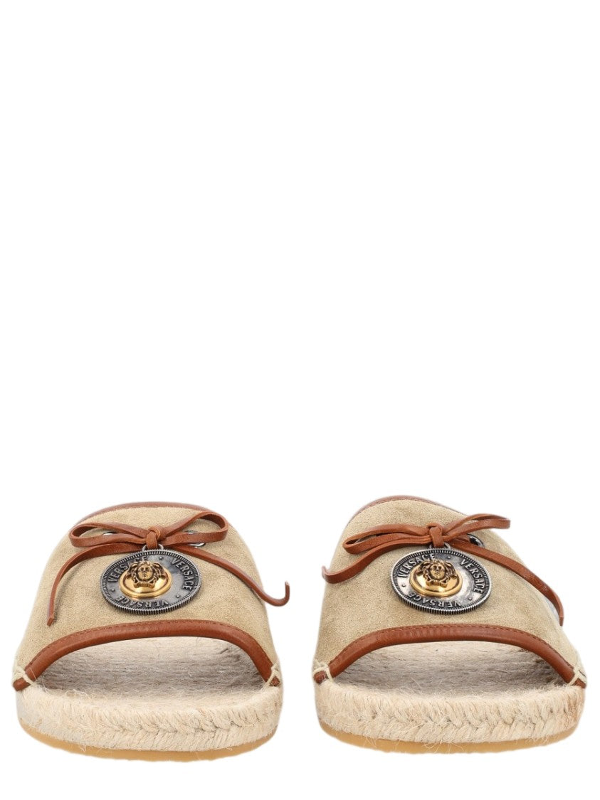 Versace Beige Leather Emblem Espadrille Sole Flats