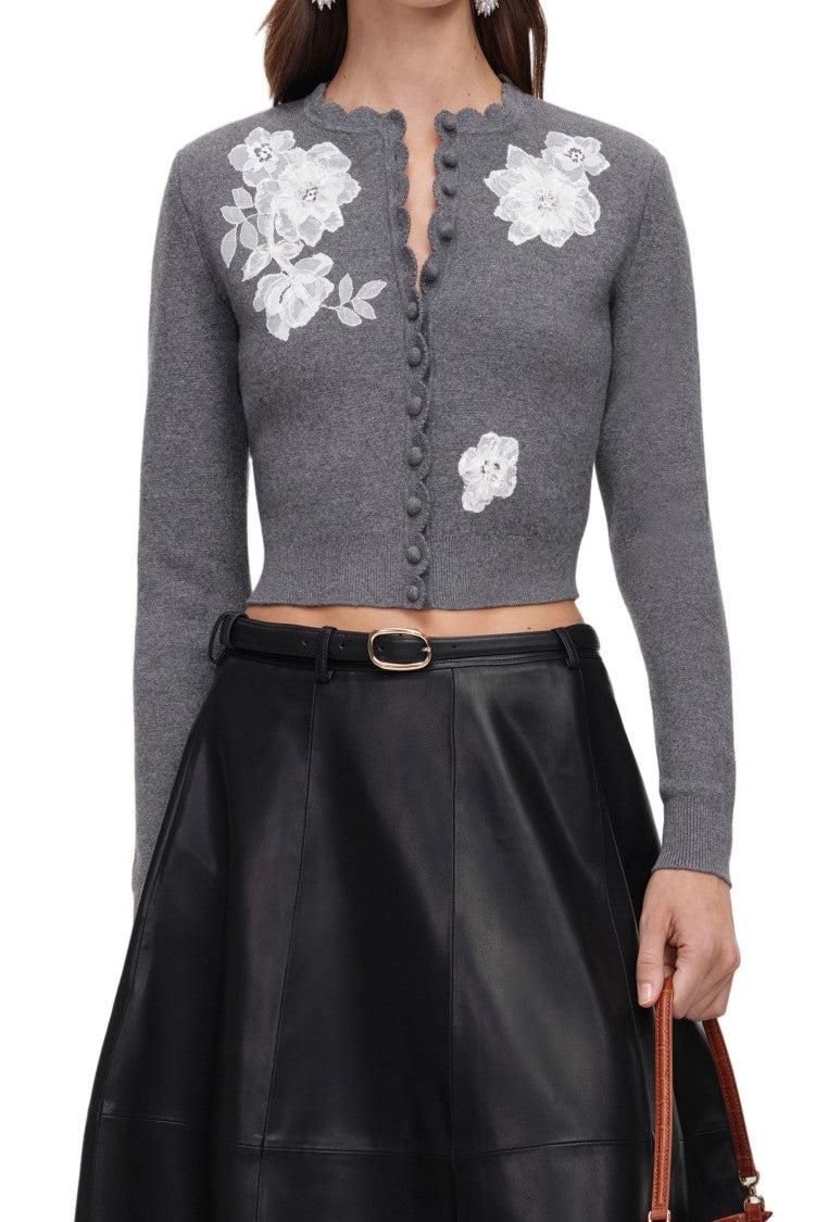 Self-Portrait Cropped Fitted Sweater With Scalloped Neckline And Floral Appliqués