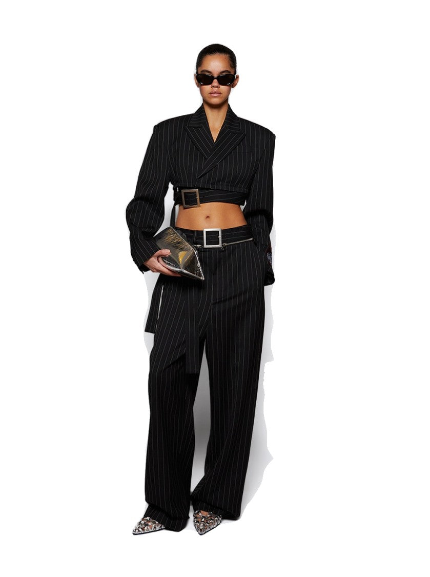 Jean Paul Gaultier Pinstripe Wool Belted Suit Pants Black