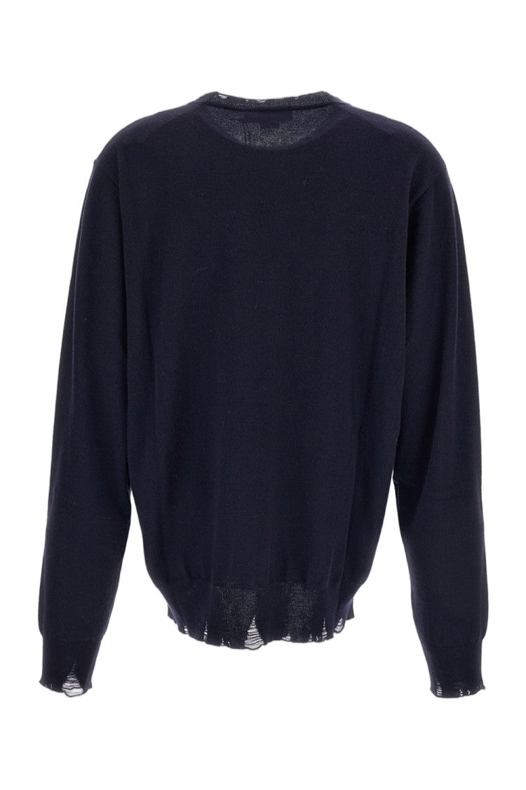 Stella Mccartney Navy Blue Distressed Merino Wool Sweater