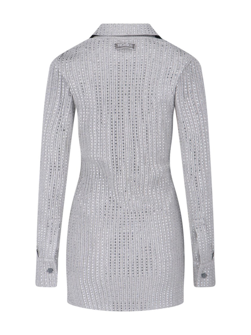 The Attico Fitted Grey Mini Dress With Reflective Embellishments