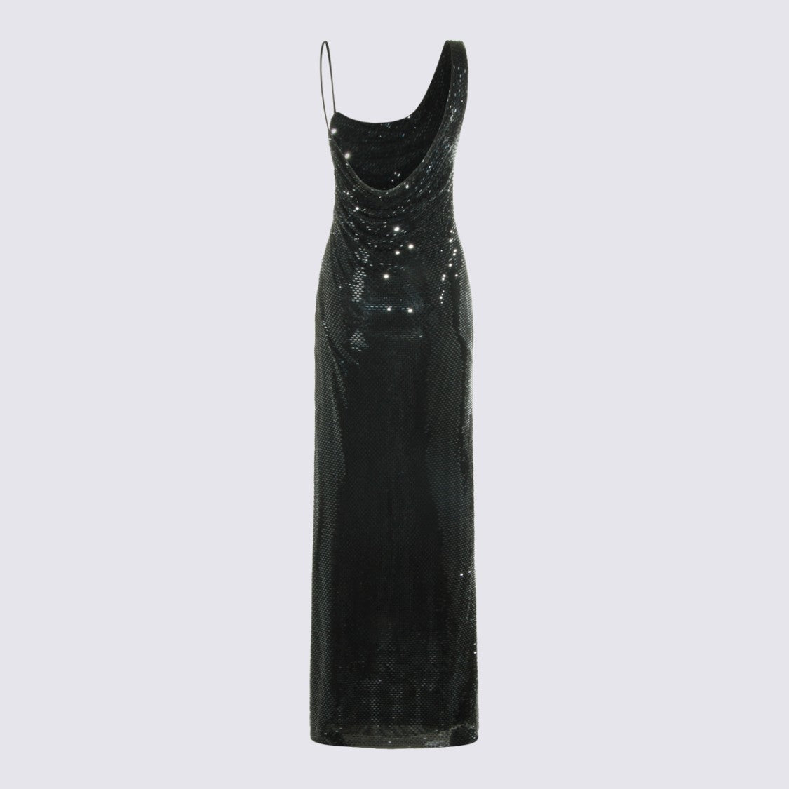 Self-Portrait One-Shoulder Black Sequin Evening Dress With Draped Neckline