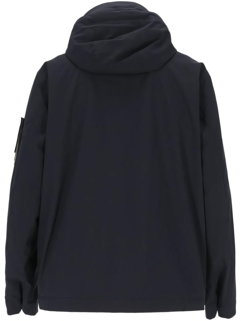 Stone Island Modern Black Leather Jacket With Hood And Zip Closure