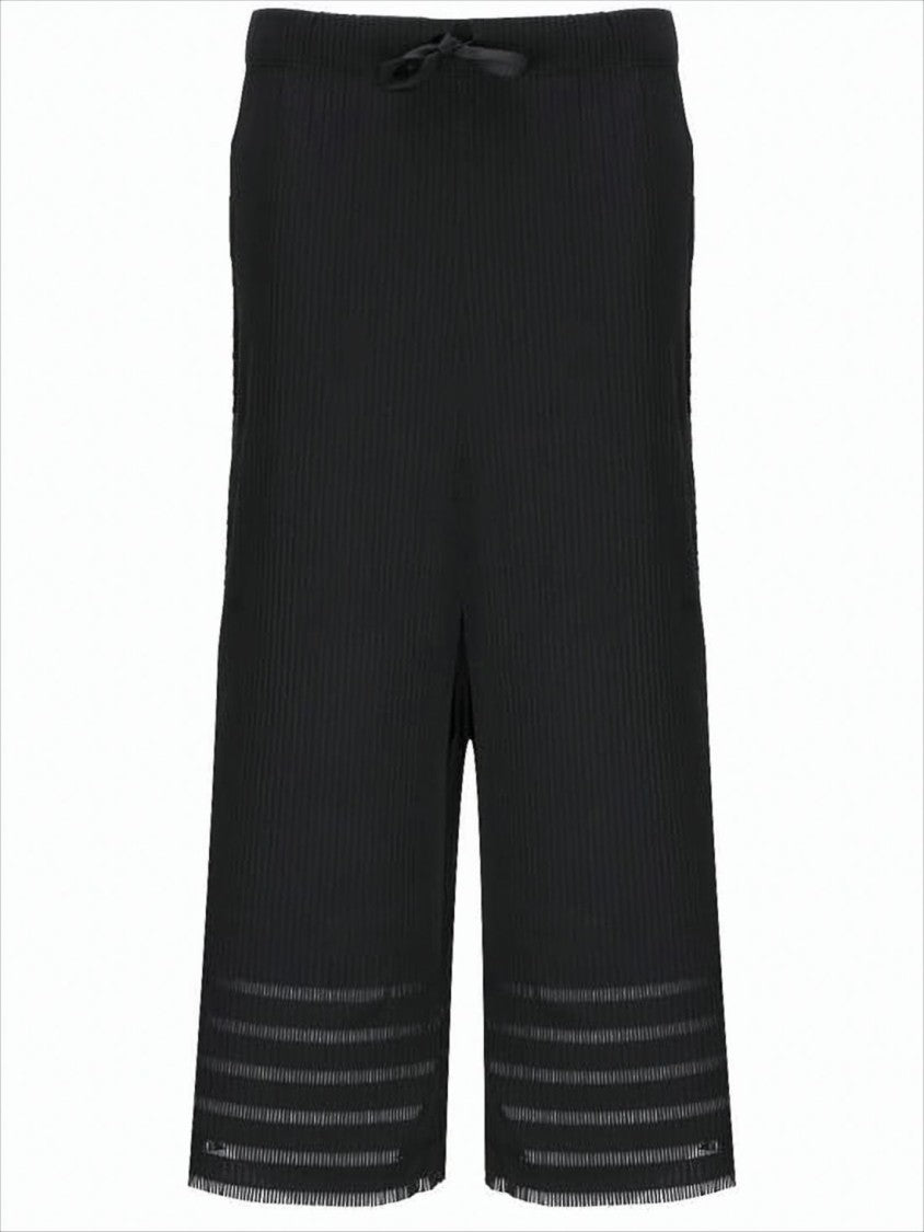 Pleats Please Cropped Black Training Pants With Ribbed Texture