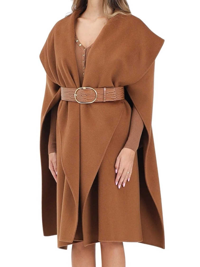 Elisabetta Franchi Belted Beige Wool Cape With Wide Collar And Tailored Design