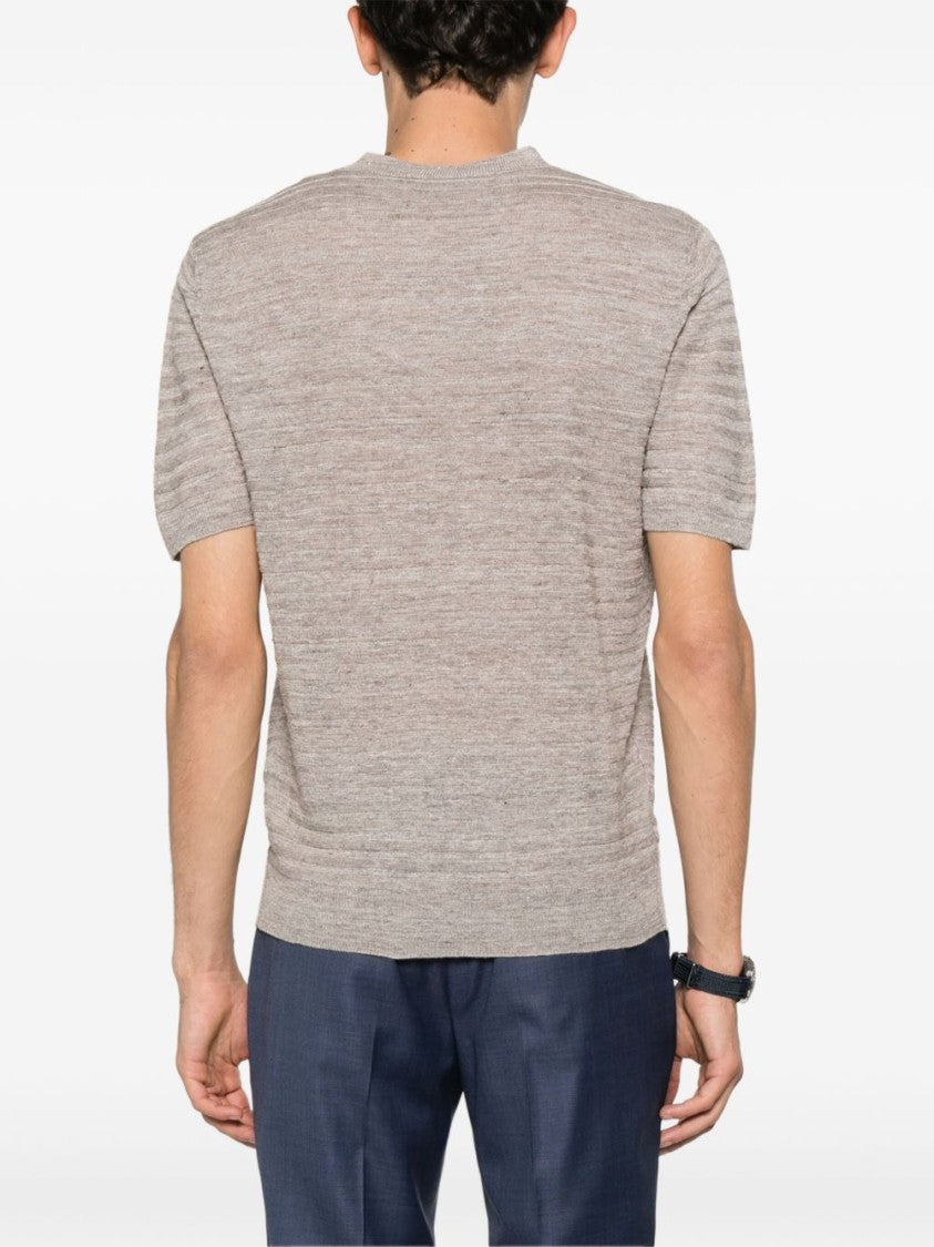 Corneliani Short-Sleeved Brown Knit Top In Linen-Silk Blend