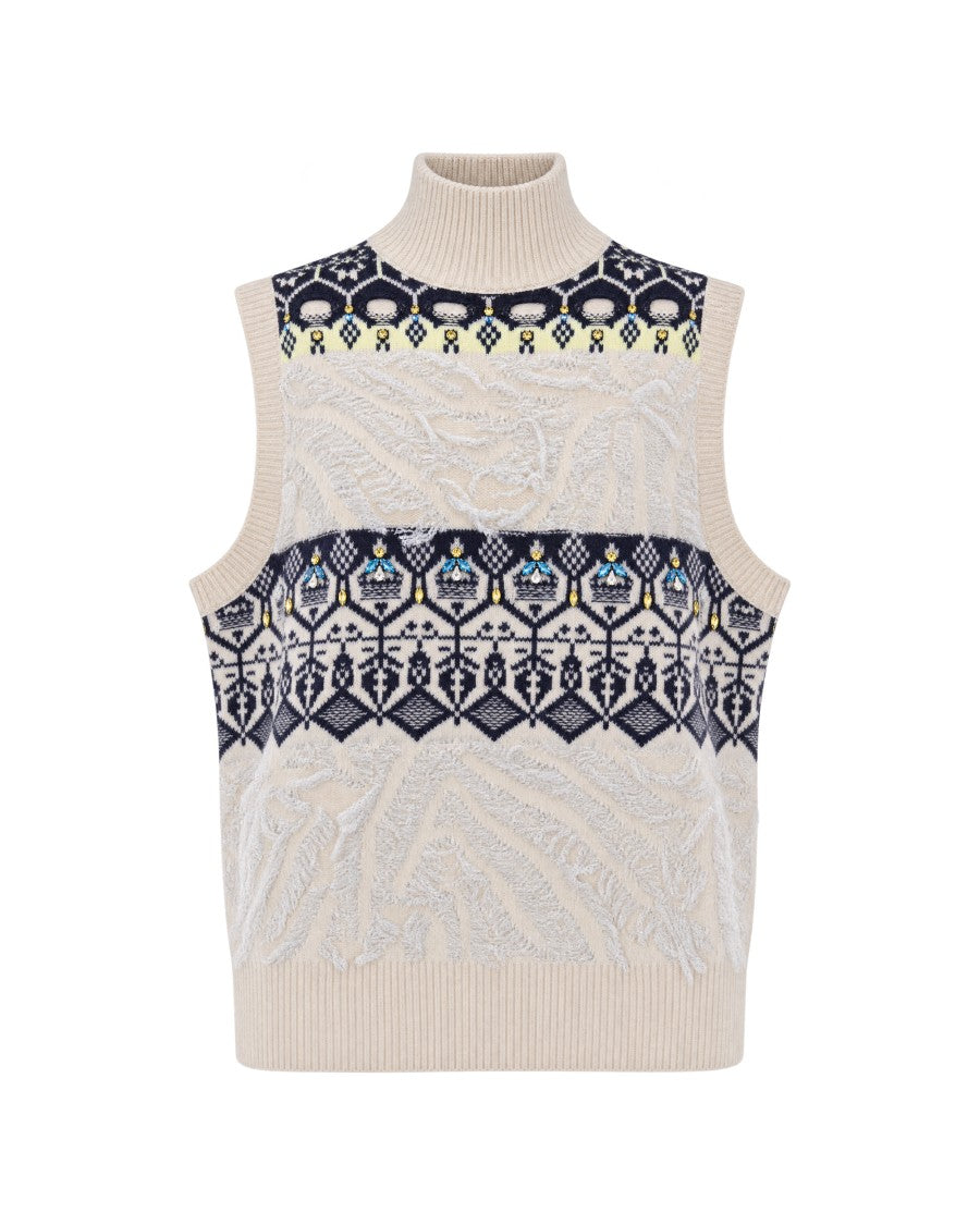 Liu Jo Natural Fair Isle Sleeveless Turtleneck Knit Vest