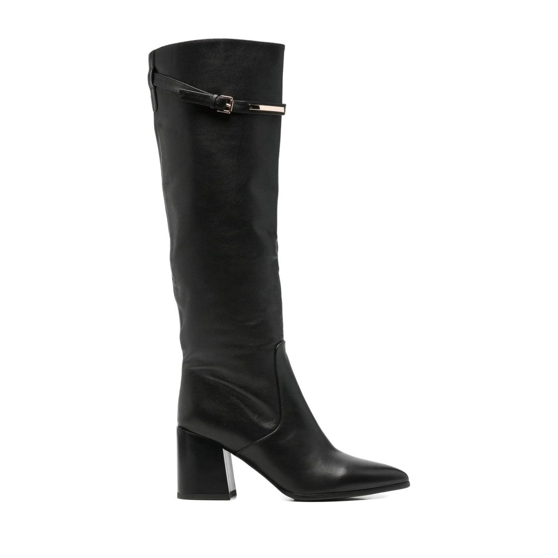 Adrianna Feretti Black Pointed Toe Metallic Buckle Leather Boots