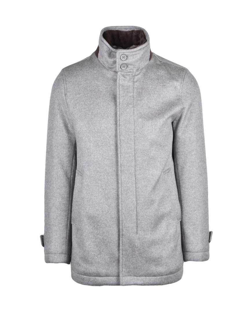 Herno Grey Caban Removable Fur Collar Cashmere Coat