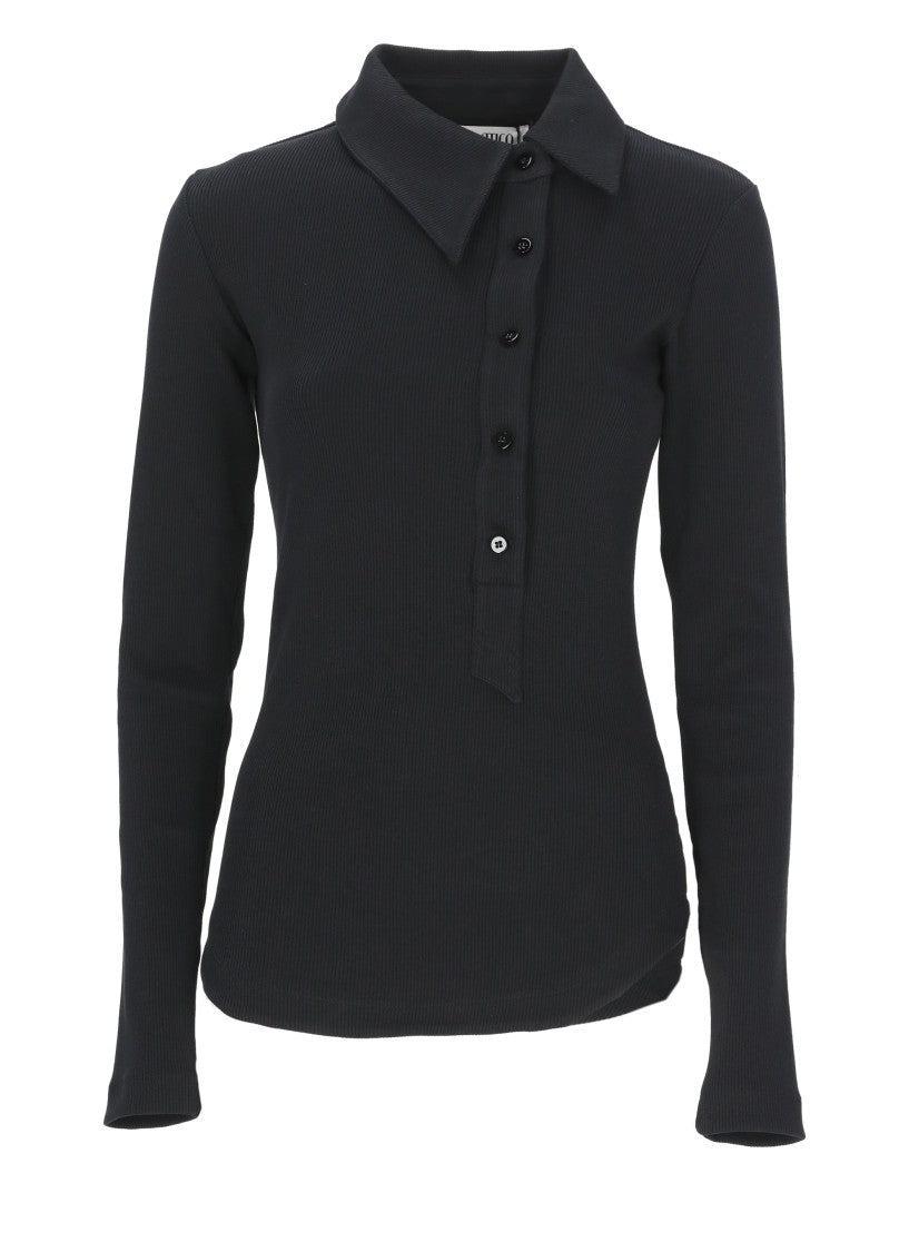 The Attico Black Asymmetric Ribbed Long Sleeve Top